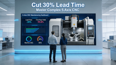 Project and engineering leaders in a smart factory control room analyze a dashboard showing 30% lead time reduction and high first-pass yield, with a live feed of a 5-axis CNC machine machining a complex aerospace component.