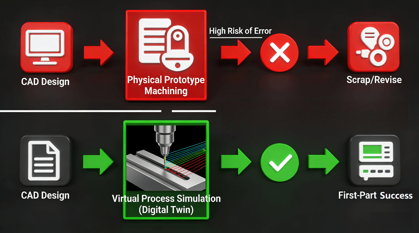 Infographic contrasting a traditional, error-prone prototyping process with a modern digital twin-driven workflow, where virtual simulation of toolpaths and collisions guarantees first-part success before any metal is cut.