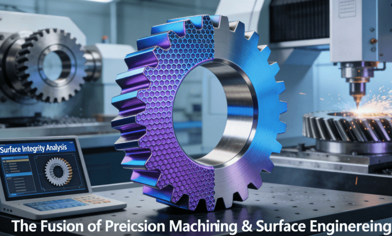 A conceptual 3D rendering showing a high-precision gear half-metal and half-coated with nano-technology, with a CNC machine in the background, representing the integrated manufacturing approach for durable gears.
